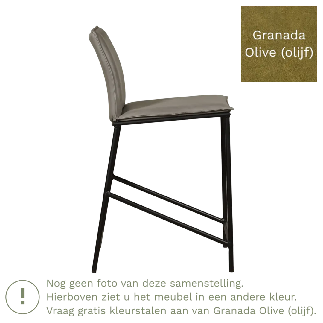 afbeelding van Leren barkruk laag Favor - Granada Olive (olijf) - poten staal rond zwart